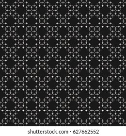 Monochrome seamless pattern, black & white geometric minimalist texture. Simple symmetric ornament with small circles, tiny dots in diagonal grid. Abstract dark endless background, design element