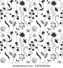 Monochrome seamless pattern with black wild flowers silhouettes on white background. Vintage ditsy floral repeat pattern.