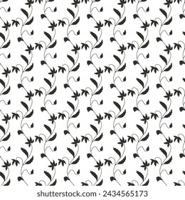 Monochrome seamless pattern with black wild flowers silhouettes on white background. Vintage ditsy floral repeat pattern.
