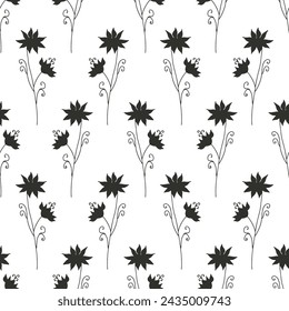 Monochrome seamless pattern with black wild flowers silhouettes on white background. Vintage ditsy floral repeat pattern.