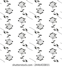 Monochrome seamless pattern with black wild flowers silhouettes on white background. Vintage ditsy floral repeat pattern.