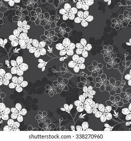 Monochrome seamless pattern with blooming cherry branches.