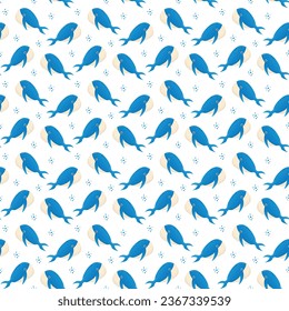 monochrome seamless pattern of blue whales with dots on white background