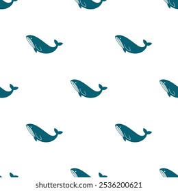 monochrome seamless pattern of blue whales with dots and waves in light grey background. Kids cloths, background, pattern, design, fabric.