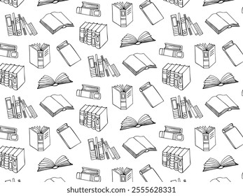 Monochrome seamless pattern of book, notebook, copybook, pile of books. Icons in line style isolated on transparent background. Hand drawing doodles. Vector illustration 