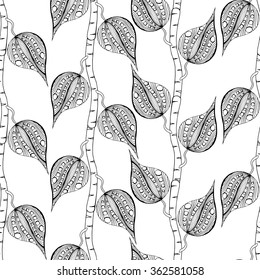 Monochrome seamless pattern with branches and leaves. Vector illustration. Hand drawn sketch.