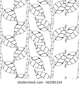Monochrome seamless pattern with branches and leaves. Vector illustration. Hand drawn sketch.