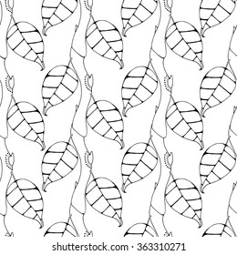 Monochrome seamless pattern with branches and leaves. Vector illustration. Hand drawn sketch.