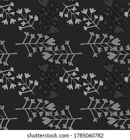 Monochrome seamless pattern with branches silhouettes. Simple backdrop with random grey botanic elements on black background. Perfect for wallpaper, wrapping paper, textile print, fabric. Vector