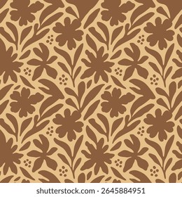 Monochrome seamless pattern with brown folk art flowers and leaves on a light beige background. Simple, hand-drawn botanical illustration for textile, wallpaper, or vintage-inspired branding