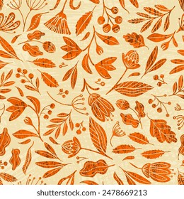 Patrón monocromo sin fisuras con hojas estilizadas marrones, flores y bayas sobre un fondo beige. Este Vector tiene un ambiente retro, folclórico, rústico con aliento de texturas modernas.
