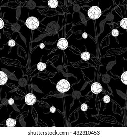 Monochrome seamless pattern  with buds of peony flower on a black background.