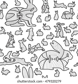 Monochrome seamless pattern with bunnies in lines