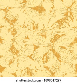Monochrome seamless pattern with butterflies in grunge style on a yellow backdrop. Abstract vector repeating background. Suitable for Wallpaper, wrapping paper, fabric, textile
