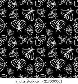 monochrome seamless pattern with butterflies on black background . Vector illustration 