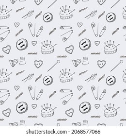 Monochrome seamless pattern of buttons, needles and pins. Needle and thread and needlepoint. Doodle style vector. Buttons of different shapes and sizes.