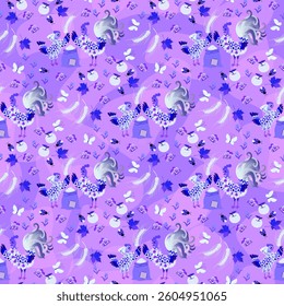 Monochrome seamless pattern with cartoon characters rooster and hen harvesting in lilac tones. Artwork. Elegant textile print. Chinese New Year of the Rooster 2029.