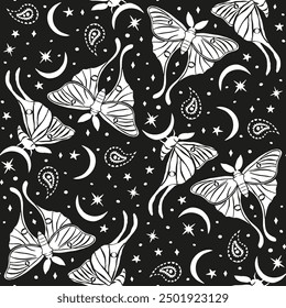 Monochrome seamless pattern with celestial luna moth and paisley motif. Stars and moons boho wallpaper. Nocturnal butterfly background.