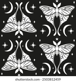 Monochrome seamless pattern with celestial luna moth and paisley motif. Stars and moons boho wallpaper. Nocturnal butterfly background.