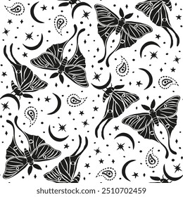 Monochrome seamless pattern with celestial luna moth and paisley motif. Stars and moons boho wallpaper. Nocturnal butterfly background.