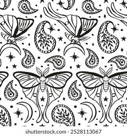 Monochrome seamless pattern with celestial luna moth and paisley motif. Stars and moons boho wallpaper. Nocturnal butterfly background.