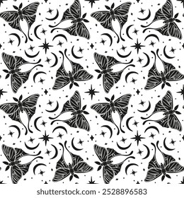 Monochrome seamless pattern with celestial luna moth and paisley motif. Stars and moons boho wallpaper. Nocturnal butterfly background.