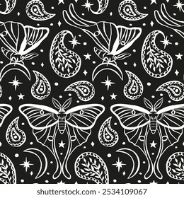 Monochrome seamless pattern with celestial luna moth and paisley motif. Stars and moons boho wallpaper. Nocturnal butterfly background.