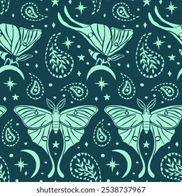 Monochrome seamless pattern with celestial luna moth and paisley motif. Stars and moons boho wallpaper. Nocturnal butterfly background.