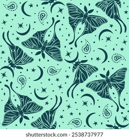 Monochrome seamless pattern with celestial luna moth and paisley motif. Stars and moons boho wallpaper. Nocturnal butterfly background.