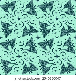 Monochrome seamless pattern with celestial luna moth and paisley motif. Stars and moons boho wallpaper. Nocturnal butterfly background.