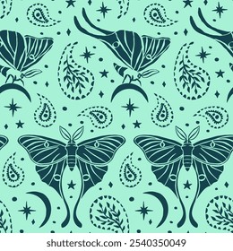 Monochrome seamless pattern with celestial luna moth and paisley motif. Stars and moons boho wallpaper. Nocturnal butterfly background.