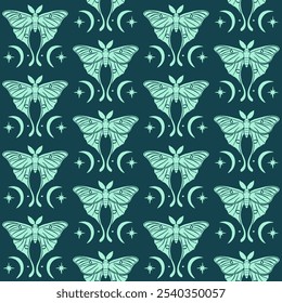 Monochrome seamless pattern with celestial luna moth and paisley motif. Stars and moons boho wallpaper. Nocturnal butterfly background.