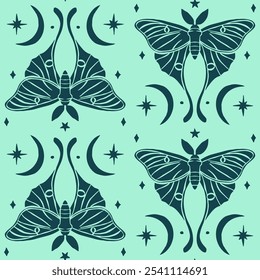 Monochrome seamless pattern with celestial luna moth and paisley motif. Stars and moons boho wallpaper. Nocturnal butterfly background.