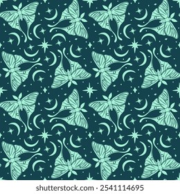 Monochrome seamless pattern with celestial luna moth and paisley motif. Stars and moons boho wallpaper. Nocturnal butterfly background.