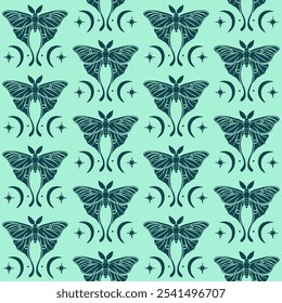 Monochrome seamless pattern with celestial luna moth and paisley motif. Stars and moons boho wallpaper. Nocturnal butterfly background.