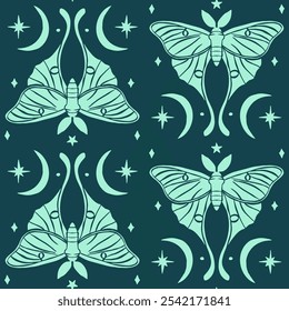 Monochrome seamless pattern with celestial luna moth and paisley motif. Stars and moons boho wallpaper. Nocturnal butterfly background.