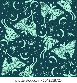 Monochrome seamless pattern with celestial luna moth and paisley motif. Stars and moons boho wallpaper. Nocturnal butterfly background.