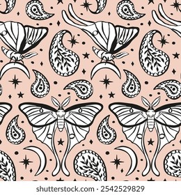 Monochrome seamless pattern with celestial luna moth and paisley motif. Stars and moons boho wallpaper. Nocturnal butterfly background.