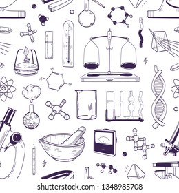 Monochrome seamless pattern with chemical and physical lab equipment hand drawn with contour lines on white background. Backdrop with tools for scientific experiment. Realistic vector illustration.