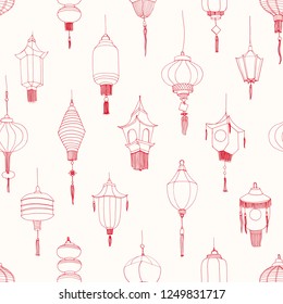 Monochrome seamless pattern with Chinese street lanterns hand drawn with contour lines on white background. Backdrop with traditional religious holiday decorations. Realistic vector illustration.