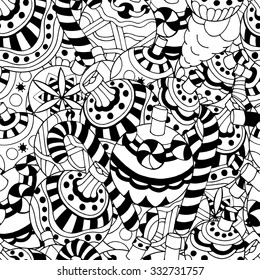 Monochrome Seamless pattern with christmas hand-drawn decorative elements in vector. Fancy Christmas balls. Pattern for coloring book. Black and white pattern.  Made by trace from sketch. Zentangle