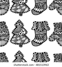Monochrome Seamless pattern with christmas hand-drawn decorative elements in vector. Fancy Christmas toys. Pattern for coloring book. Made by trace from sketch. Zentangle