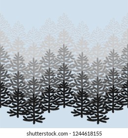 Monochrome seamless pattern with Christmas trees on light background. For New Year design, Christmas greeting card mockup, wrapping paper,page, interior fabrics, textile, winter clothes.