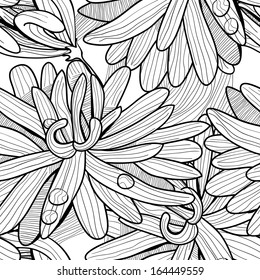 Monochrome seamless pattern with chrysanthemum dew drops on the petals