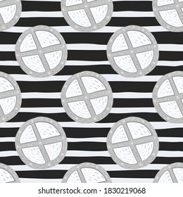 Monochrome seamless pattern with circle wood shield ornament. Grey and white medieval silhouettes on striped contrast background. For fabric design, textile print, wrapping, cover. Vector illustration