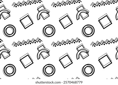 Monochrome seamless pattern with circles, squares, zigzags, and abstract shapes in a clean design.