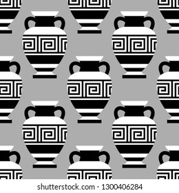 Monochrome seamless pattern of classical greek amphoras, ceramic pots with ornament,