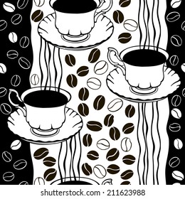 Monochrome seamless pattern with coffee beans and cups.