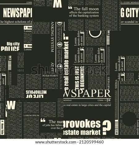 Monochrome seamless pattern with collage of magazine or newspaper clippings. Black vector background in retro style with imitation of text and headlines. Suitable for wallpaper, wrapping paper, fabric