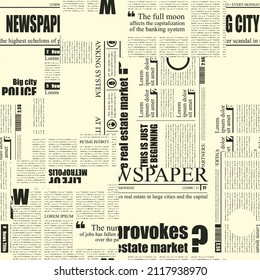 Monochrome seamless pattern with a collage of newspaper clippings. Repeating vector background in retro style with imitation of text and headlines. Suitable for wallpaper, wrapping paper or fabric